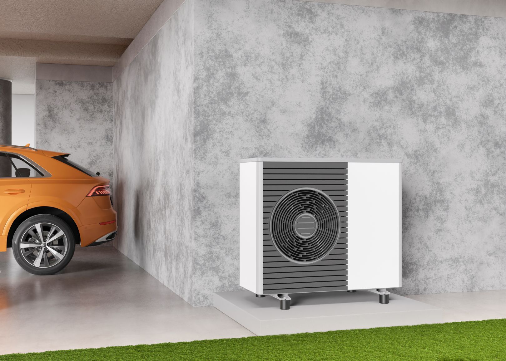 Air heat pump standing outdoors. Modern, environmentally friendly heating. Save your money with air pump. Air source heat pumps are efficient and renewable source of energy. 3d rendering